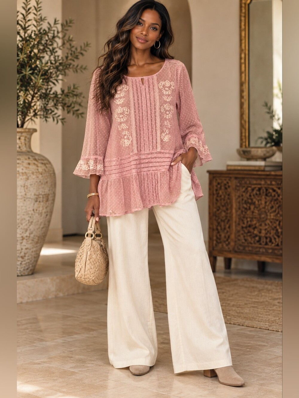 Free People Pink Lace Embroidered Drop Waist Tunic Top Size S